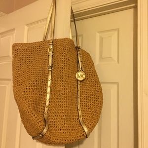 Michael Kors Large Gold Studded Straw Tote.